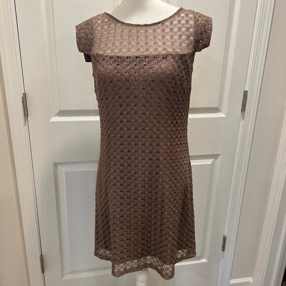 JAX BRONZE Brown Lace Exquisite Cocktail Metallic Thread Cap Sleeve Dress size 8 - Picture 1 of 10